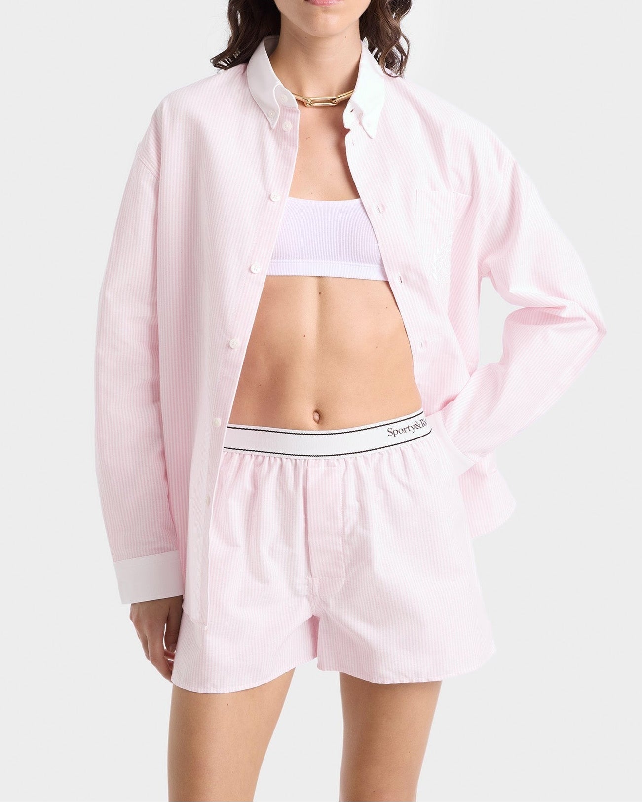 Sporty & Rich Serif Logo Oxford Boxer in Pink/White Thin Stripe