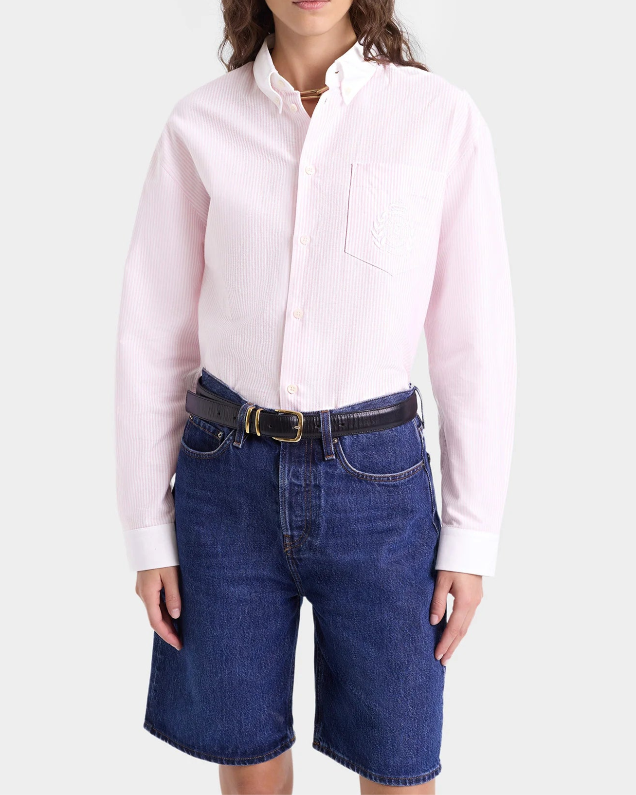Sporty & Rich H&W Crest Oversized Oxford Shirt in Pink/White Thin Stripe