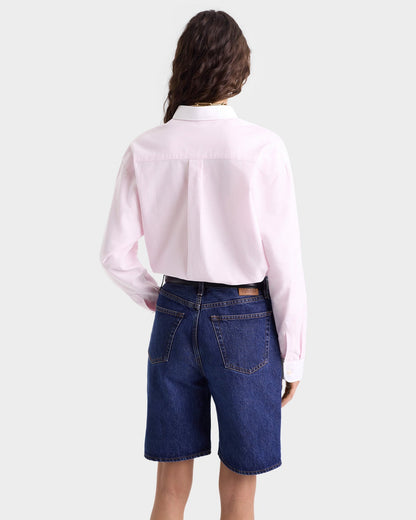 Sporty & Rich H&W Crest Oversized Oxford Shirt in Pink/White Thin Stripe