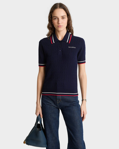Sporty & Rich Serif Logo Mini Cable Polo in Dark Navy/White/Ruby
