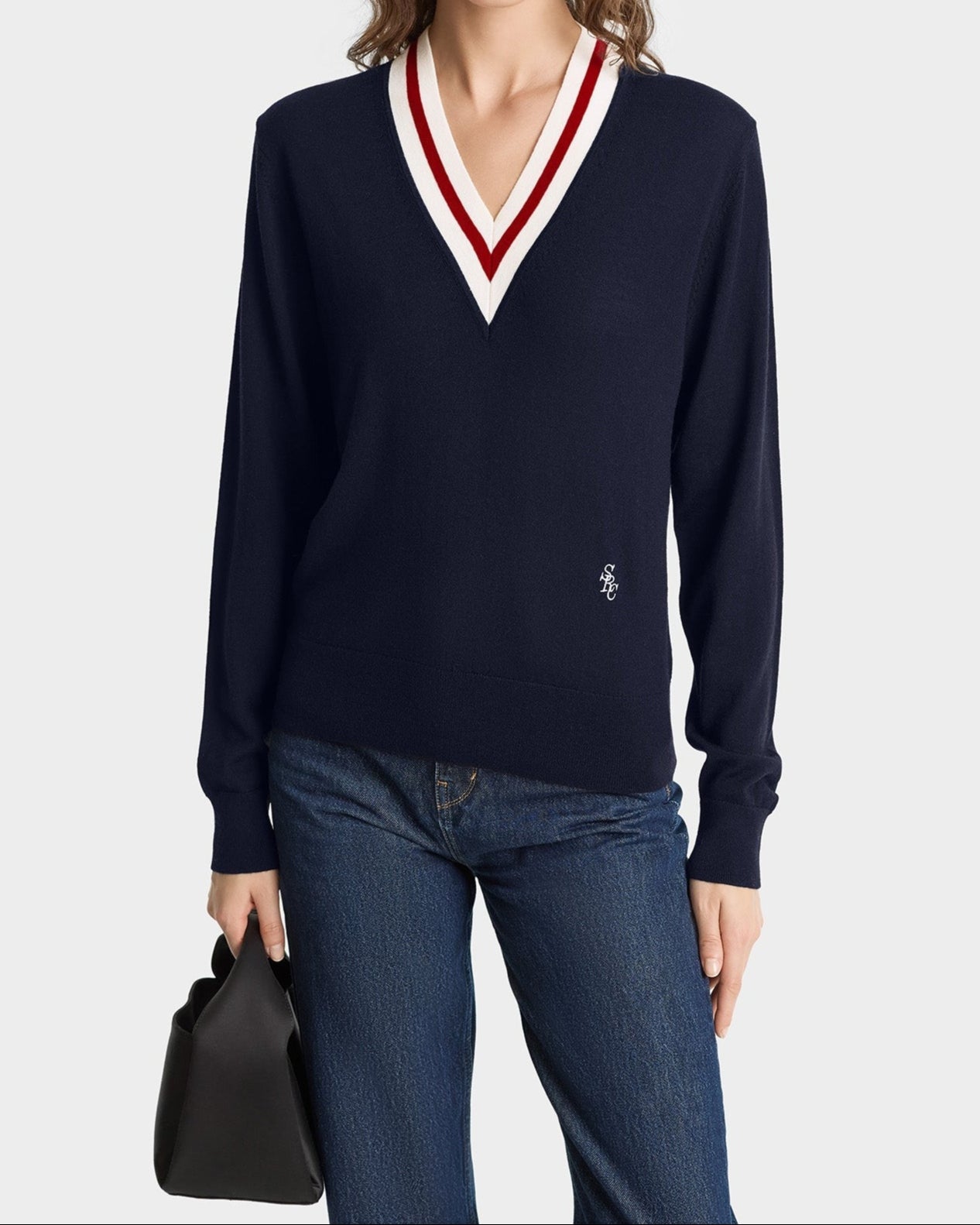 Sporty & Rich Minimalist V-Neck Sweater in Dark Navy/Ecru/Ruby