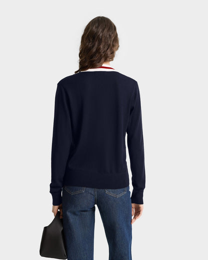 Sporty & Rich Minimalist V-Neck Sweater in Dark Navy/Ecru/Ruby