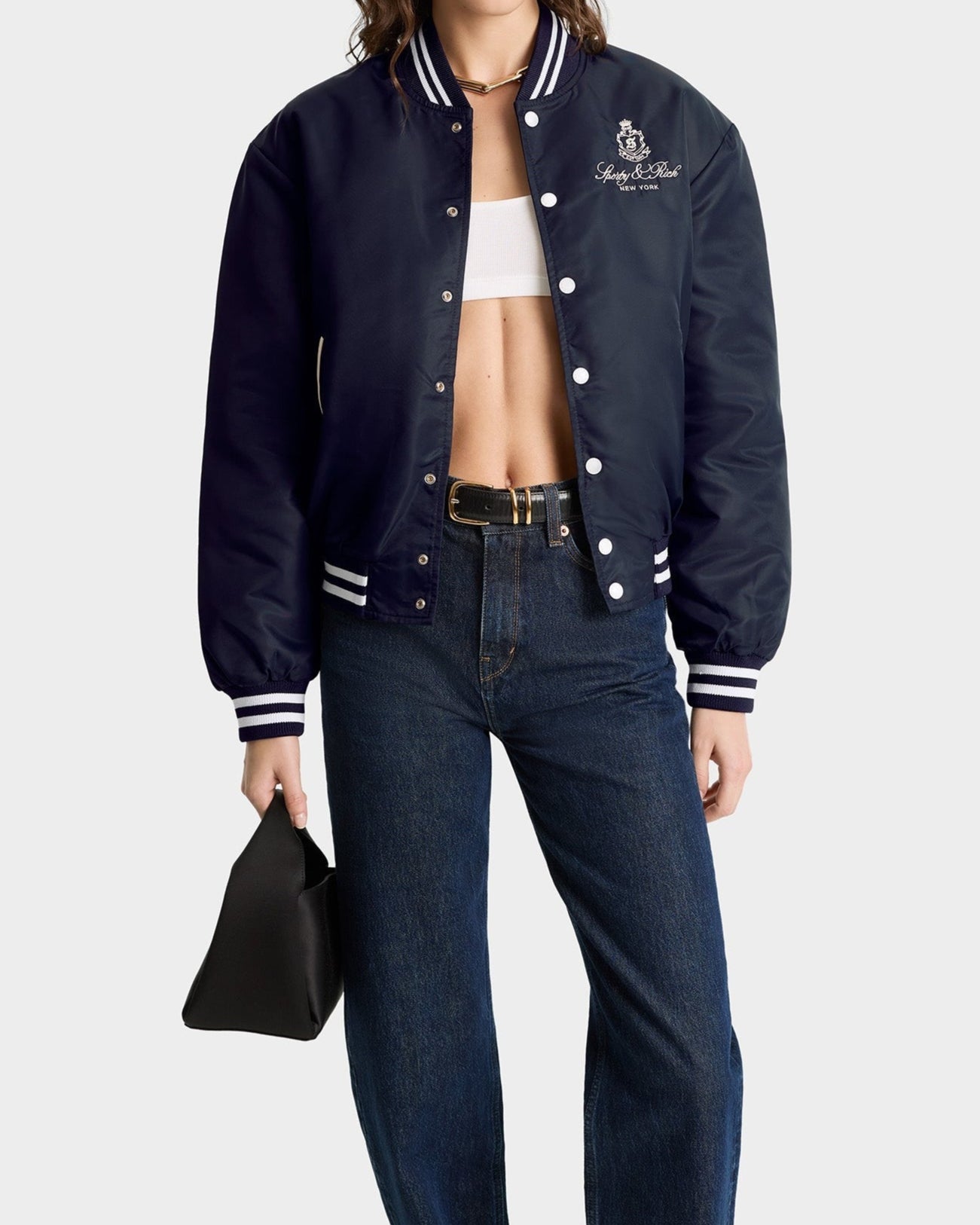 Sporty & Rich Vendome Nylon Varsity Jacket in Dark Navy