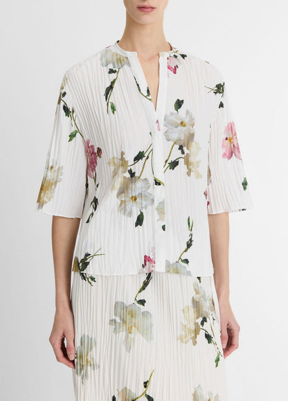 Vince Wilted Peony Pleated Band Collar Shirt in White Peony
