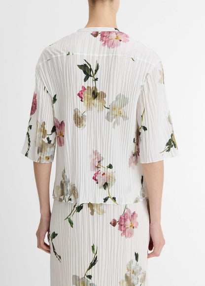 Vince Wilted Peony Pleated Band Collar Shirt in White Peony