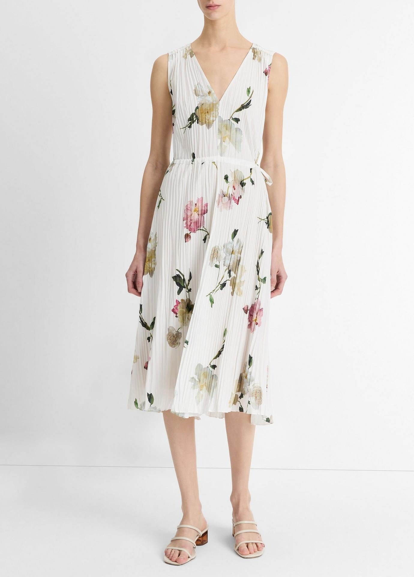 Vince Wilted Peony Pleated V-Neck Dress in White Peony