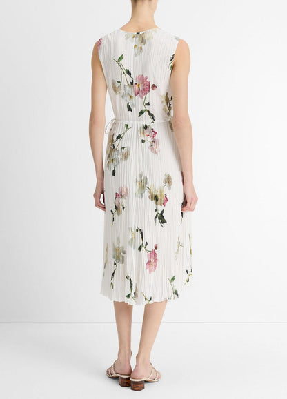 Vince Wilted Peony Pleated V-Neck Dress in White Peony