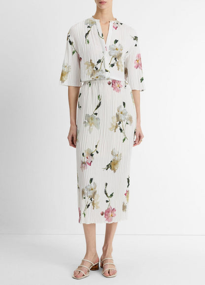 Vince Wilted Peony Pleated Side Tie Skirt in White Peony