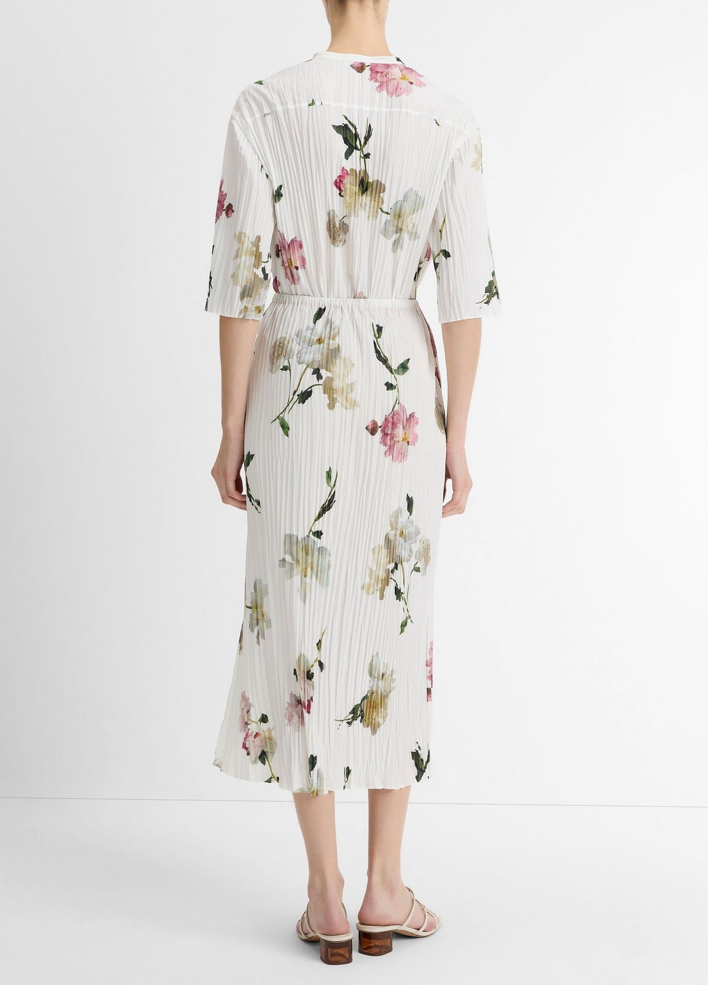 Vince Wilted Peony Pleated Side Tie Skirt in White Peony