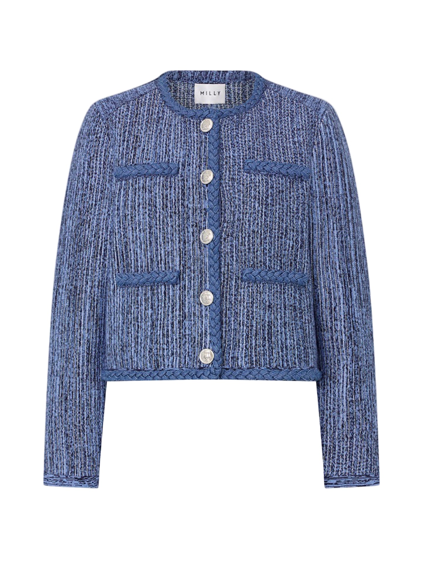 Milly Shayne Pinstripe Knit Cardigan Jacket in Blue Multi