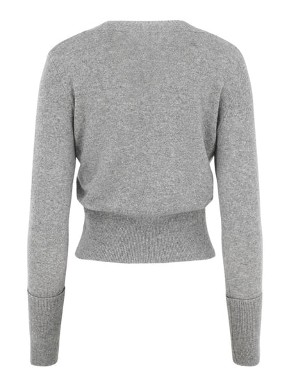 Autumn Cashmere V Neck Sweater With High Cuffs in Cement