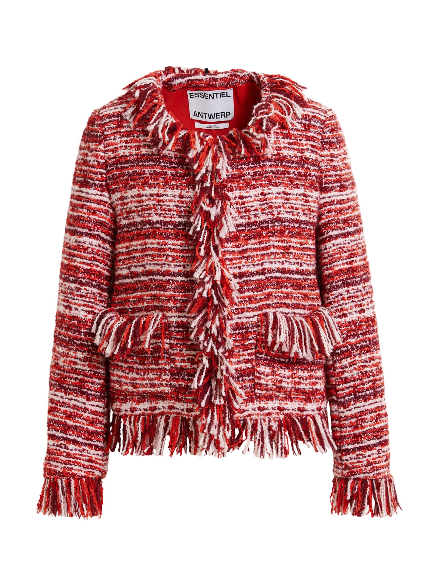 Essentiel Antwerp Iskra Fringed Bouclé Jacket in Burgundy Red/White
