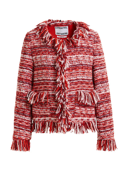 Essentiel Antwerp Iskra Fringed Bouclé Jacket in Burgundy Red/White