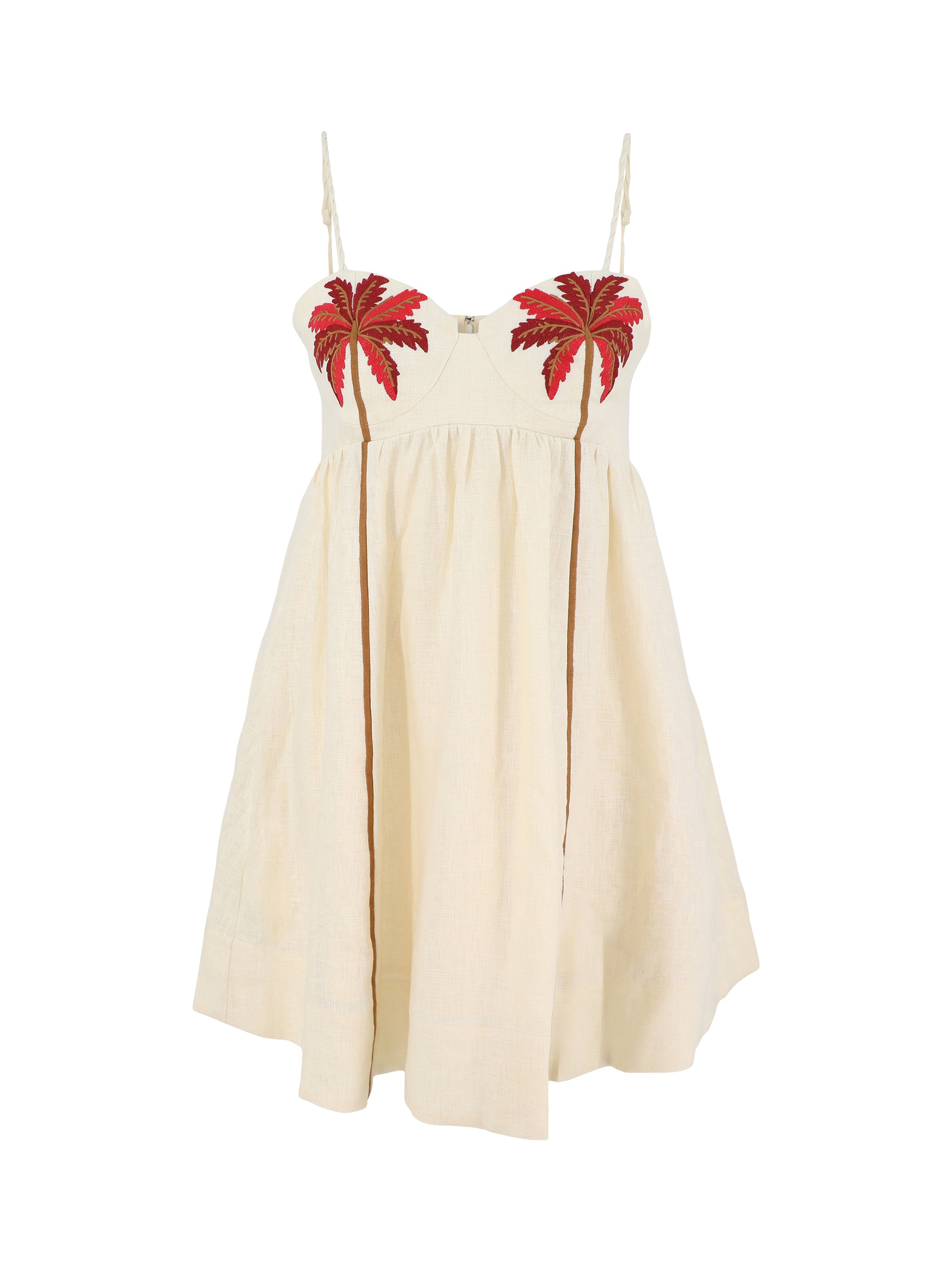 FARM Rio Off-White Coconut Tree Embroidered Euroflax Premium Linen Mini Dress, SAND / L FARM Rio Off-White Coconut Tree Embroidered Euroflax Premium Linen Mini Dress, SAND / L