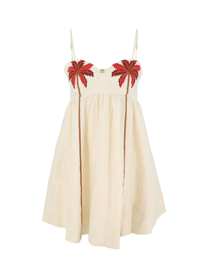 Farm Rio Coconut Tree Embroidered Mini Dress in Sand