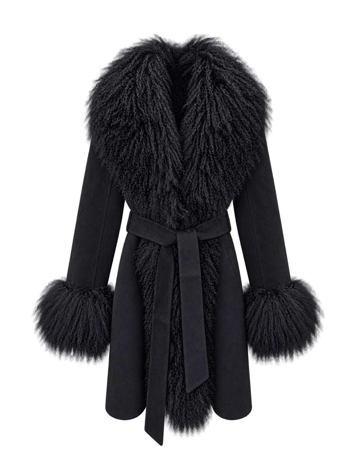 Susanna Chow Inez Cashmere Shearling Midi Coat in Black