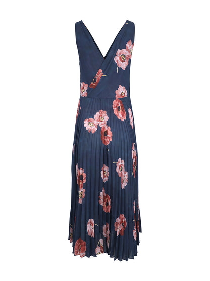 Vince Painted Poppy Pleated Draped V-Neck Dress in Marine Night