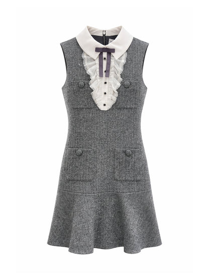 Self-Portrait Herringbone Lace Bib Mini Dress in Grey