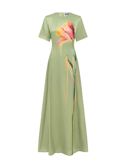 Leo Lin Short Sleeve Maxi Dress in Tulip Print in Green