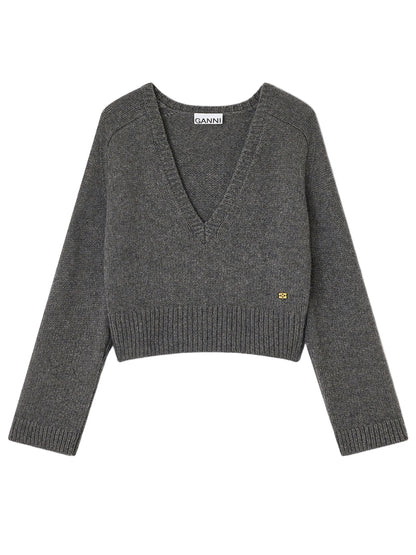 Ganni Wool Yak Mix Deep V-Neck in Phantom