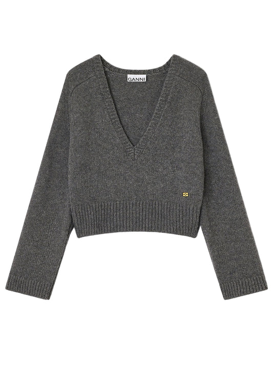 Ganni Wool Yak Mix Deep V-Neck in Phantom