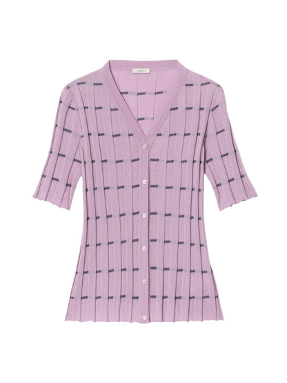 Lafayette 148 Striped Fine Gauge Cashmere Ribbed Cardigan in Lavender Tint Multi