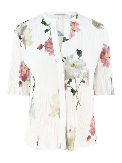 Vince Wilted Peony Pleated Band Collar Shirt in White Peony