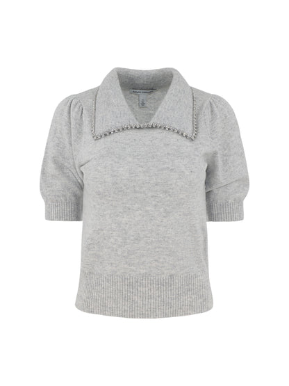 Autumn Cashmere Peter Pan Collar Sweater Shirt With Rhinestone Trim