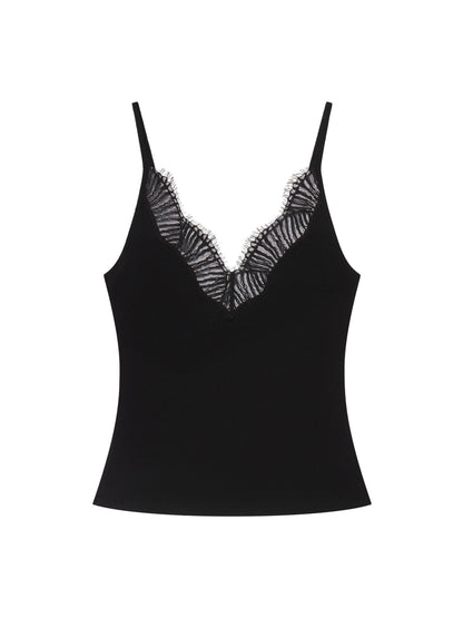 A.L.C. Alba Silk Knit and Lace Camisole Top in Black