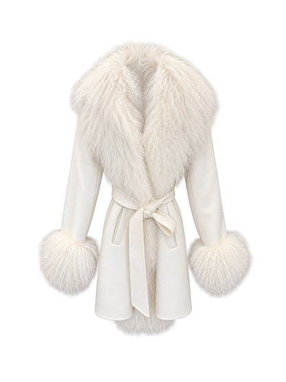 Susanna Chow Inez Cashmere Shearling Midi Coat in Cream