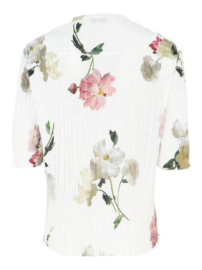 Vince Wilted Peony Pleated Band Collar Shirt in White Peony