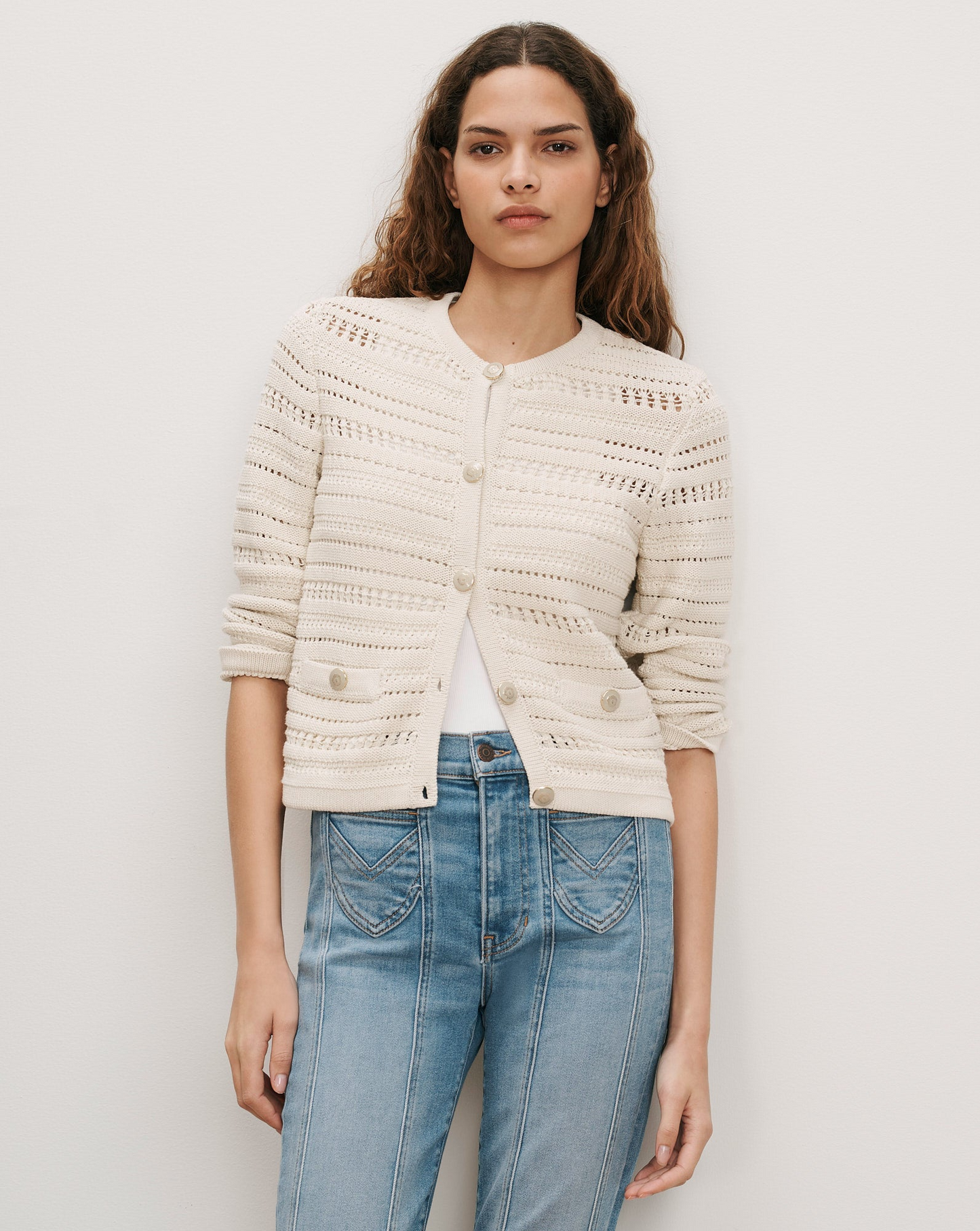 Veronica Beard Bellingham Pointelle Cardigan in Ecru