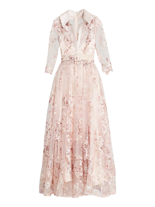 Badgley Mischka Floral Embroidered Tulle Cocktail Dress in Primrose