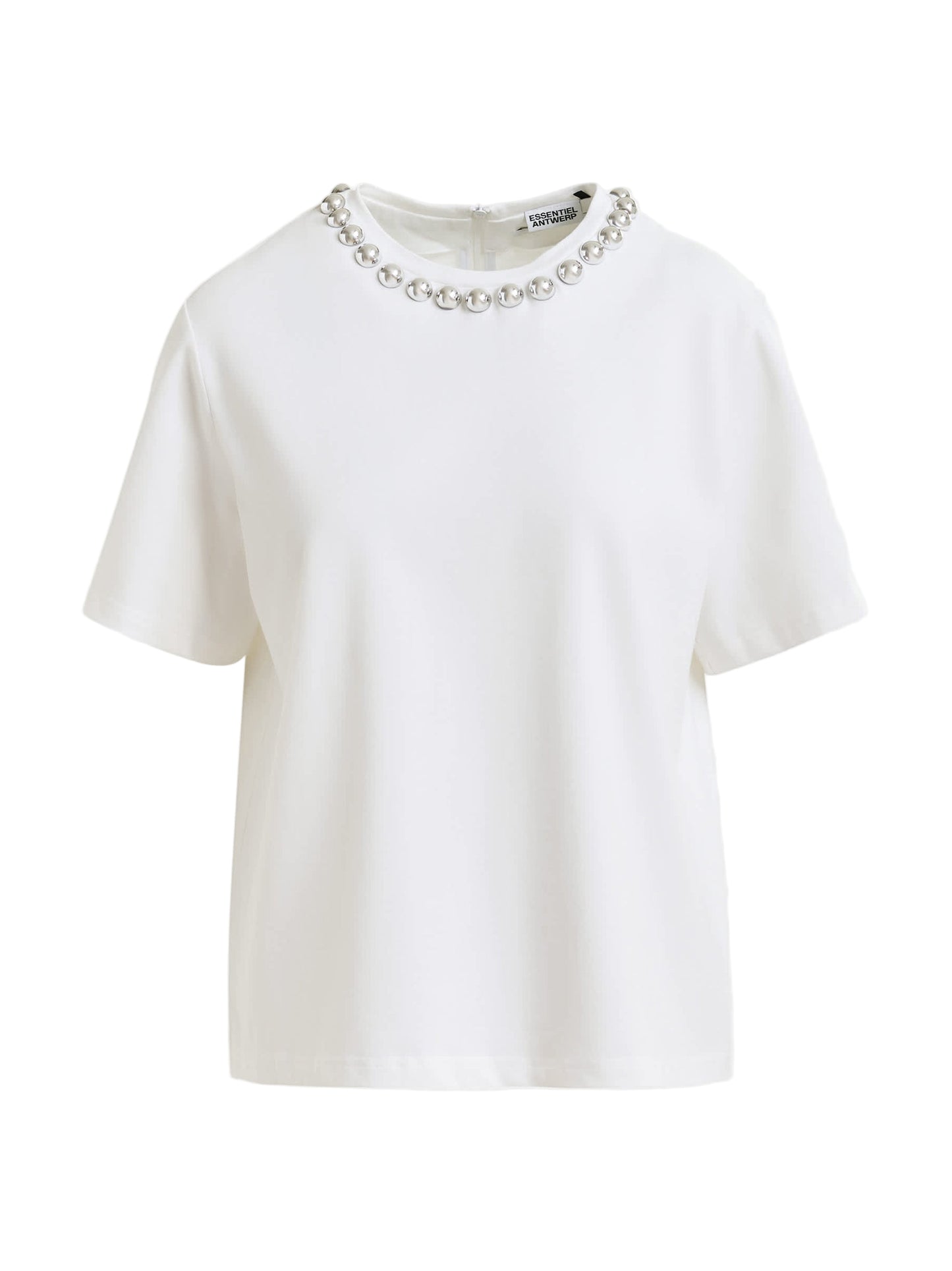 Essentiel Antwerp Intenso Silver Cotton T-Shirt With Metallic Pearls (More Colors)