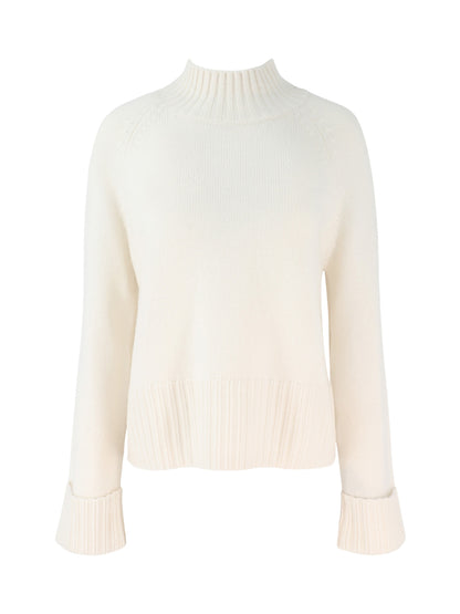 Autumn Cashmere 6-Ply Cuffed Solid Boxy Mock Sweater in Chalk