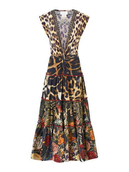 Camilla Cap Sleeve Twist Front Midi Dress in Leotigra Land