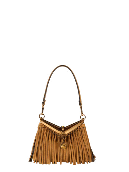 Etro Small Suede Vela Bag With Fringe in Cammello