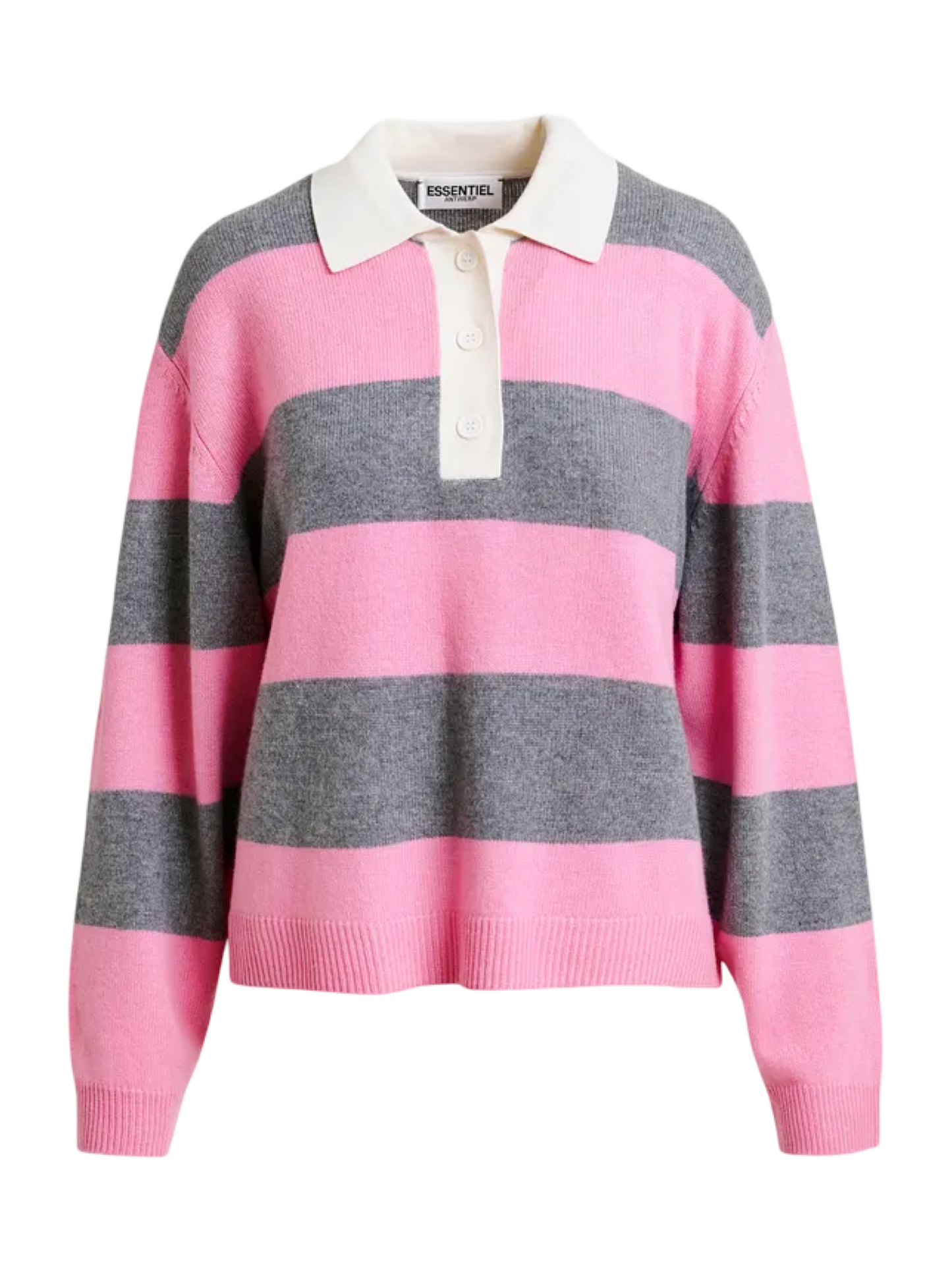 Essentiel Antwerp Pink and Grey Striped Polo with Appliqué Patch