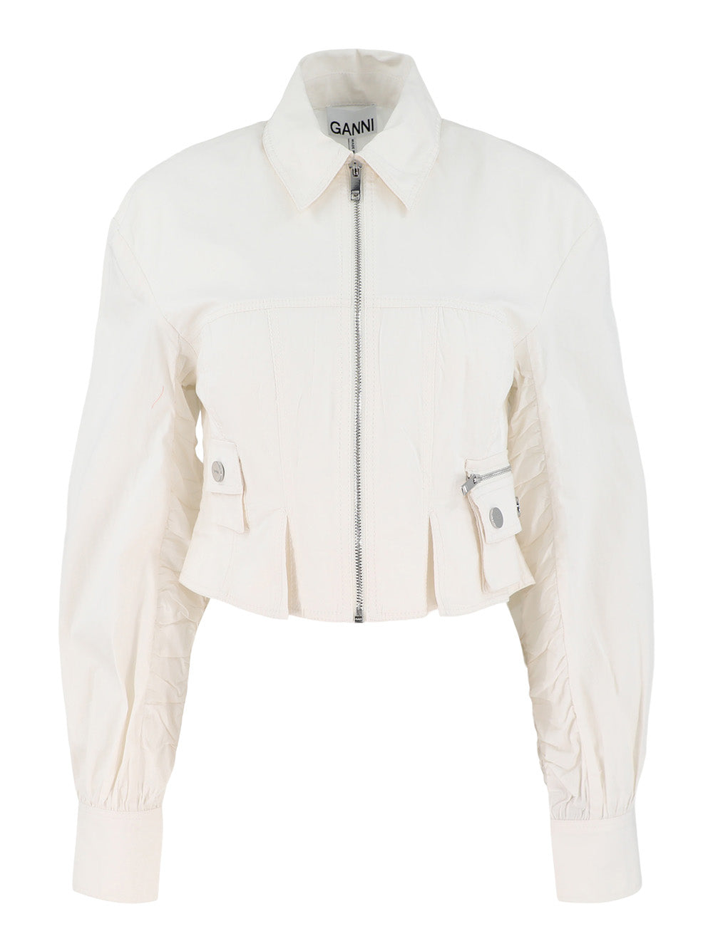 Ganni Washed Stretch Cotton Bomber Jacket in Egret