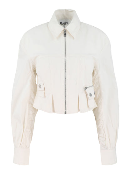 Ganni Washed Stretch Cotton Bomber Jacket in Egret