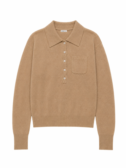 Minnie Rose Henley Polo Sweater With Pocket in Camel