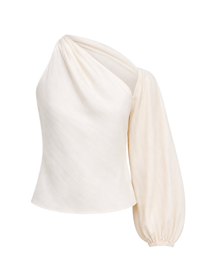 Self-Portrait Cream Linen Organza Draped Sleeve Top