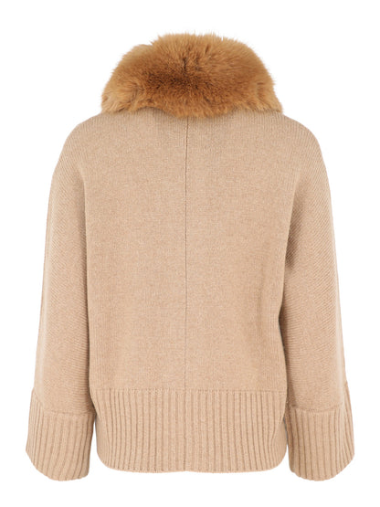 Kinross Faux Fur Trim Button Cardigan in Camel