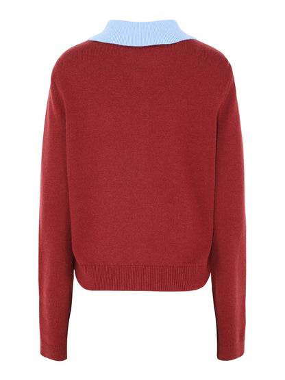 Self-Portrait Burgundy Contrast Collar Knit Top