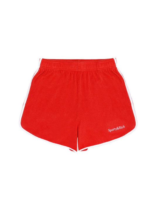 Sporty & Rich Serif Logo Terry Shorts in Bright Red