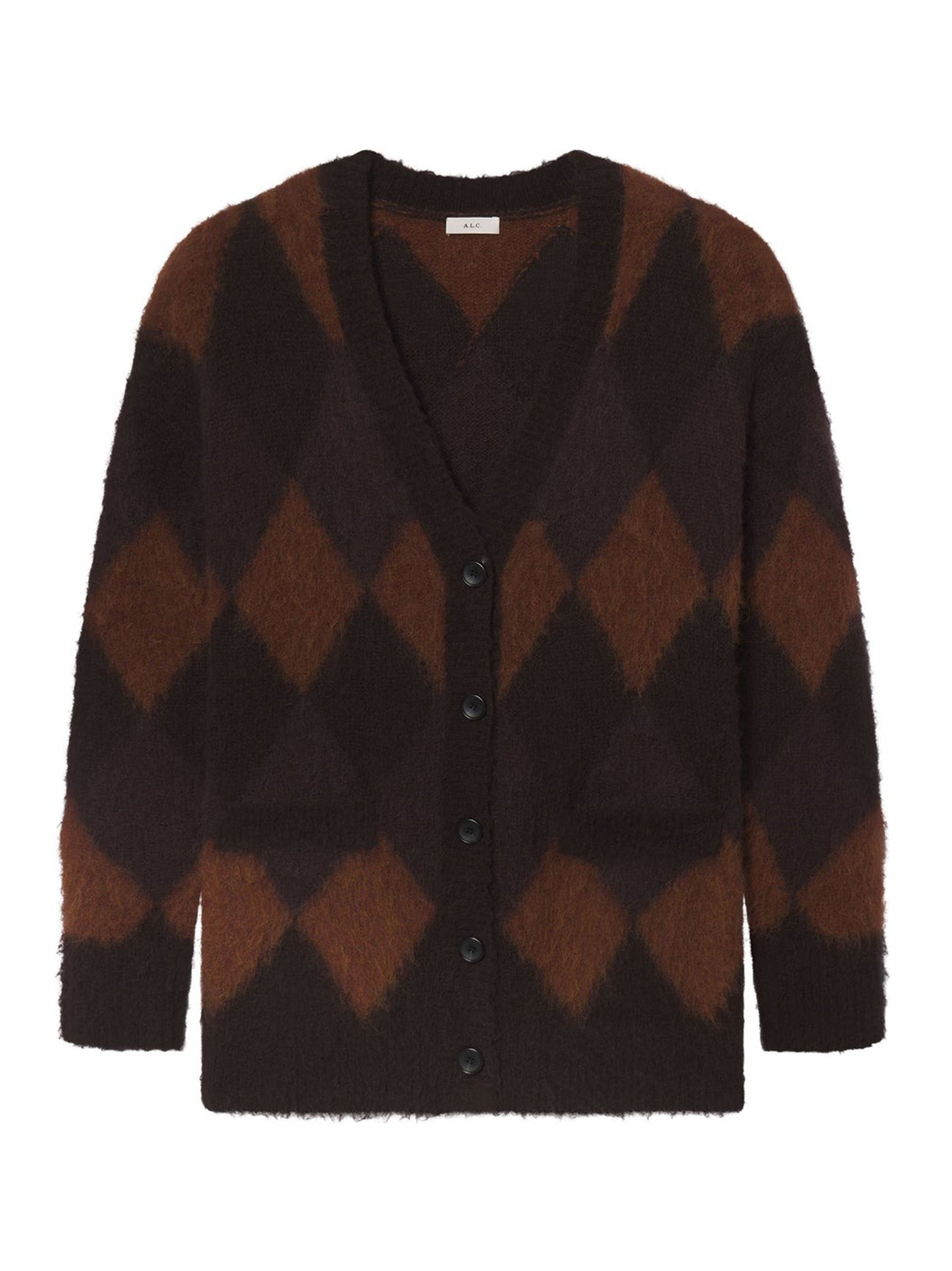 A.L.C. Reid Brushed Alpaca Argyle Cardigan in Deep Plum/Bronco