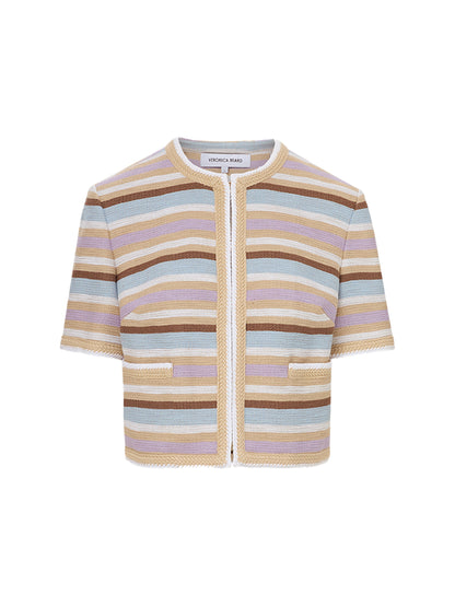 Veronica Beard Wyatt Short-Sleeve Jacket in Stone Khaki Multi
