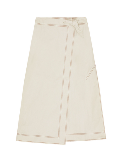 Ganni Herringbone Canvas Long Wrap Skirt in Summer Sand