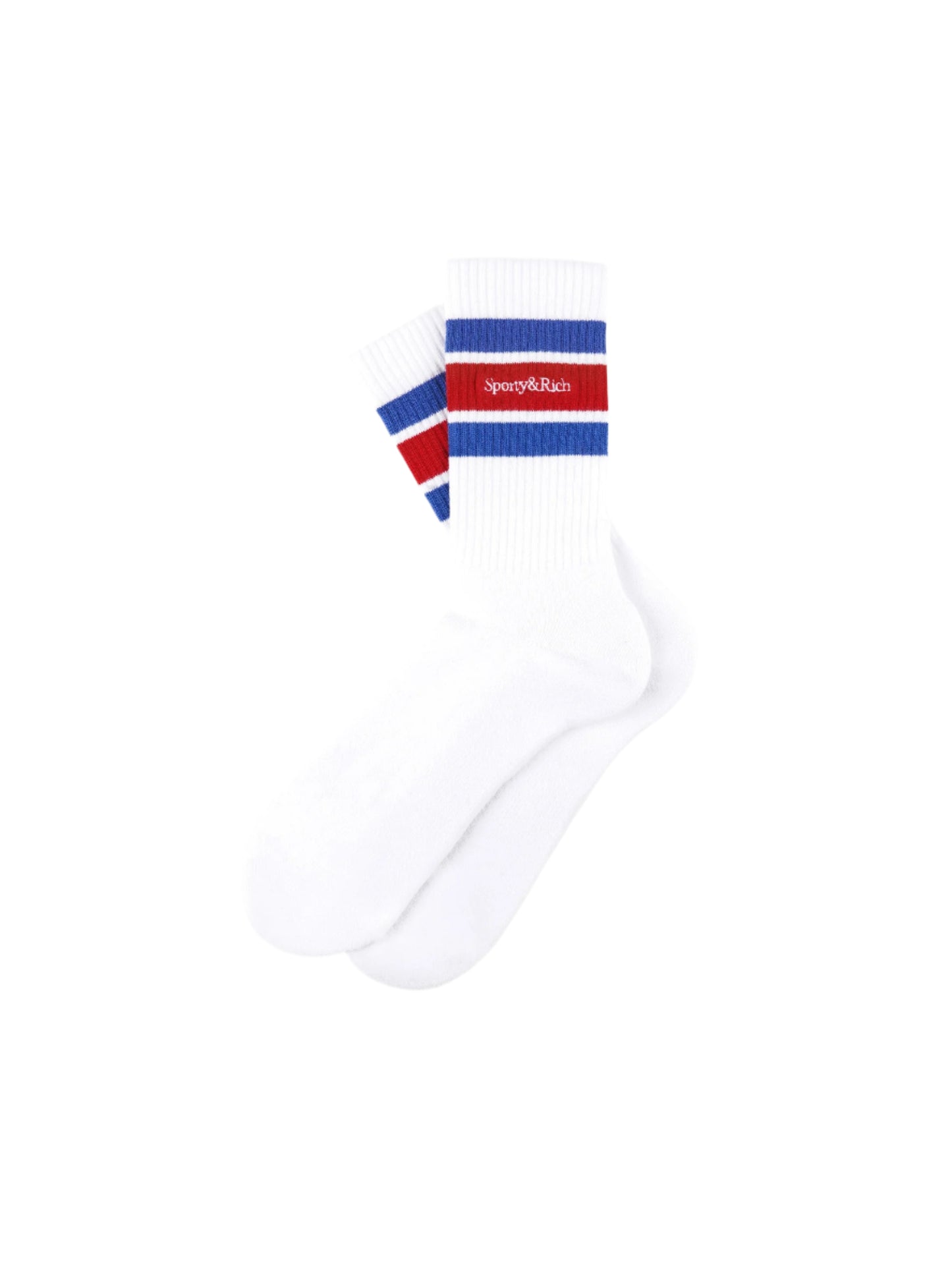 Sporty & Rich Serif Logo Socks in White/Paris Blue/Ruby