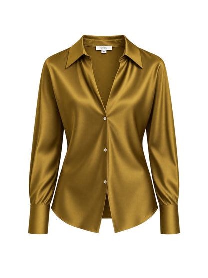 Vince Bias Long Sleeve Blouse in Moss Ochre